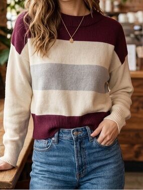 Striped Crewneck Sweater in Burgundy, Cream & Light Gray
